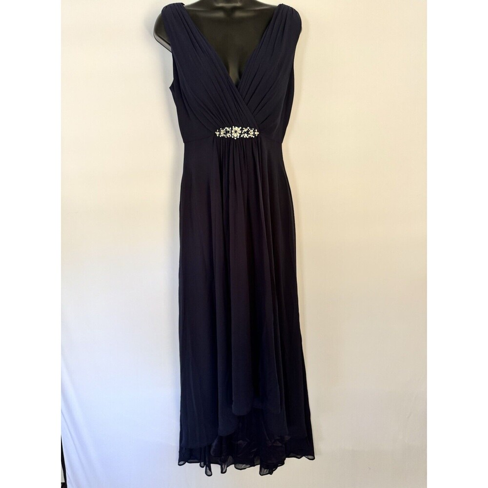 Eliza J Embellished Crystal Womens High/Low Chiffon Dress Navy VNeck Size 4 NEW